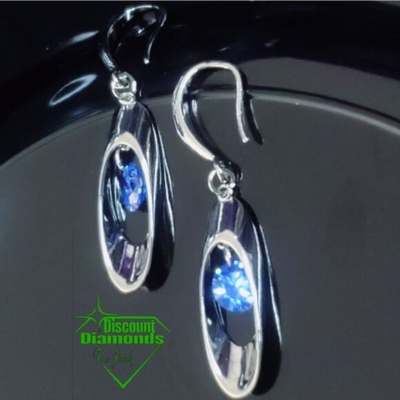 Round Blue Crystal Long Dangle Fishhook Earrings on 925 Silver - Picture 9 of 9